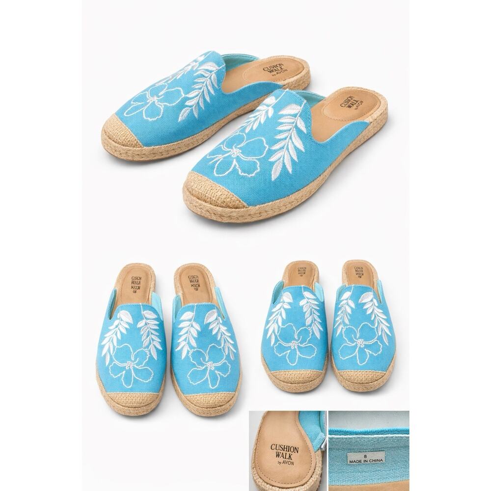 Cushion Walk Avon Blue Floral Espadrille Mule Slides Womens Sz 8